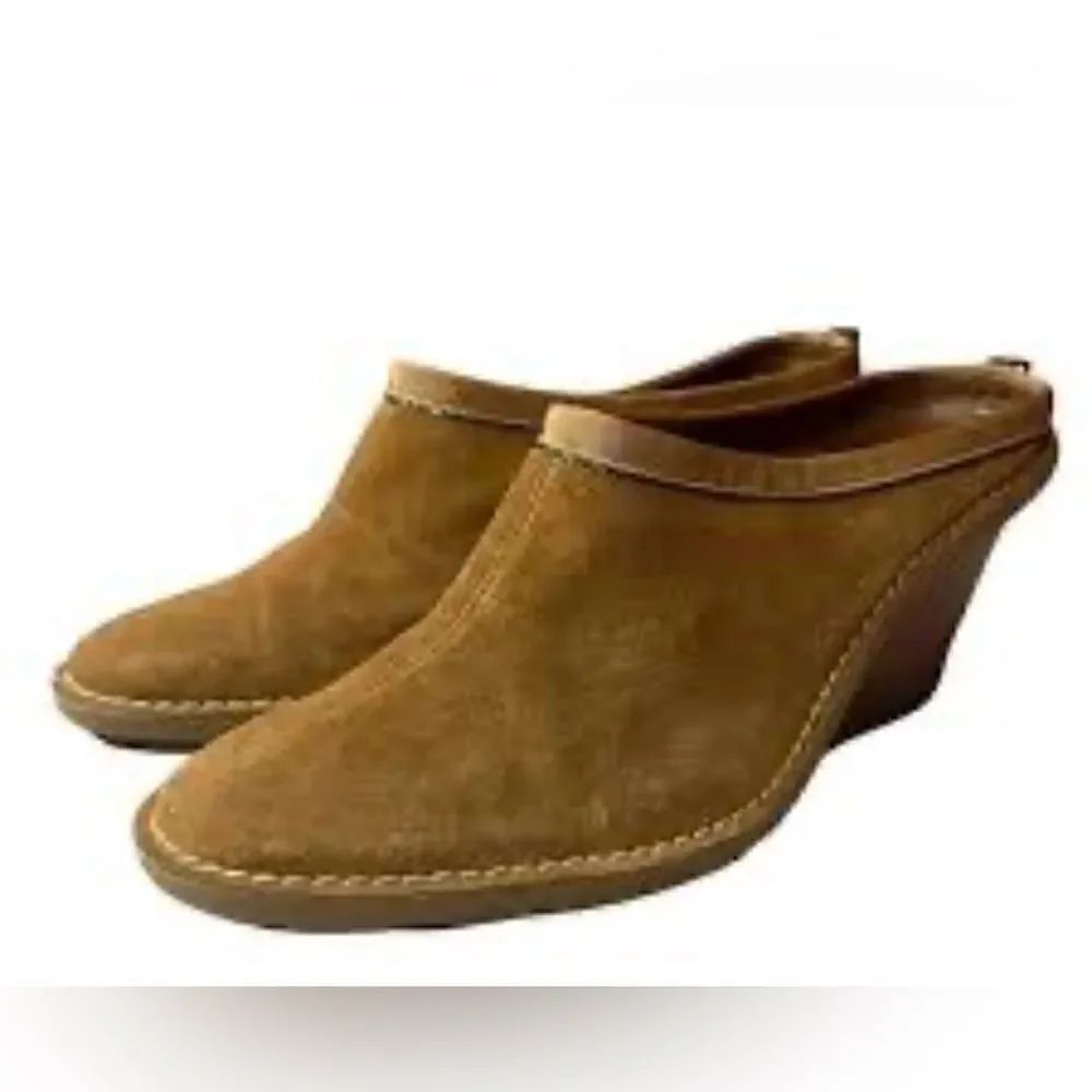 Cole Haan Jaynie Suede Leather Wedge Clogs Mules Slip on Shoes Tan Size 8